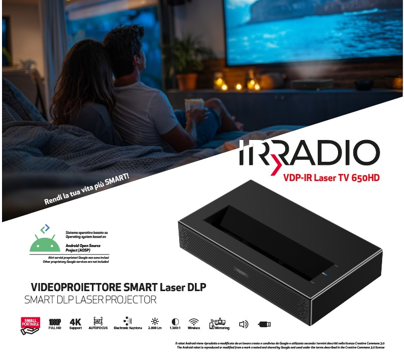 VDP-IR Laser TV 650HD  - Videoproiettore Smart TV da 650 ANSI, Full HD 1080p con supporto 4K e sistema operativo Android 11 OS
