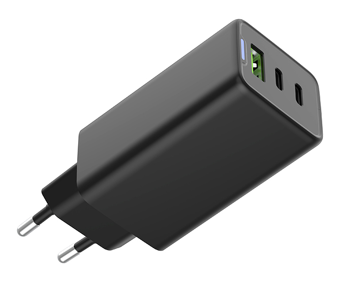 65W GAN USB Charger PD 2 USB-C + 1 USB-A Black