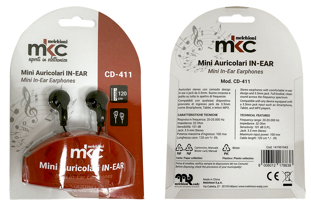 CD-411 Wired earphones with 3.5mm stereo mini jack, black colour, blister pack