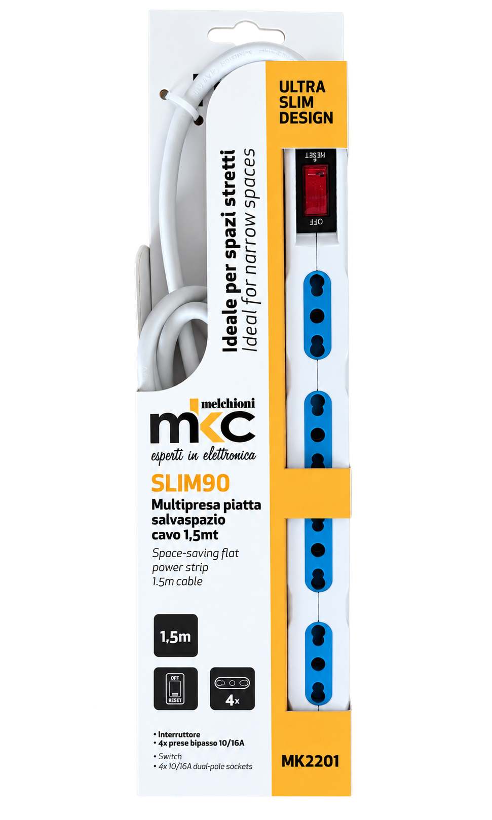 MK2201 - Multipresa piatta salvaspazio SLIM90 con interruttore, 4 prese bipasso 10/16A, spina 10A 2P+T, cavo 1,5mt
