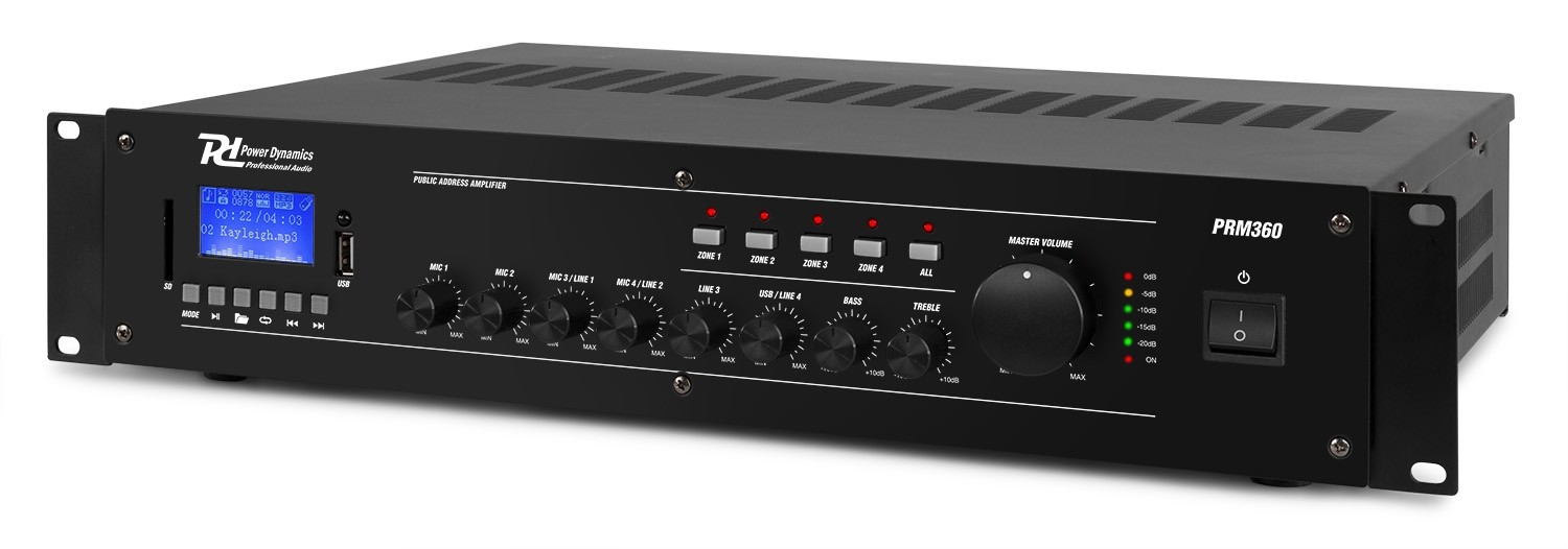 Amplificatore da 360W a 4 zone 100V/8Ohm BT/USB/SD, display LCD Mod. PRM360