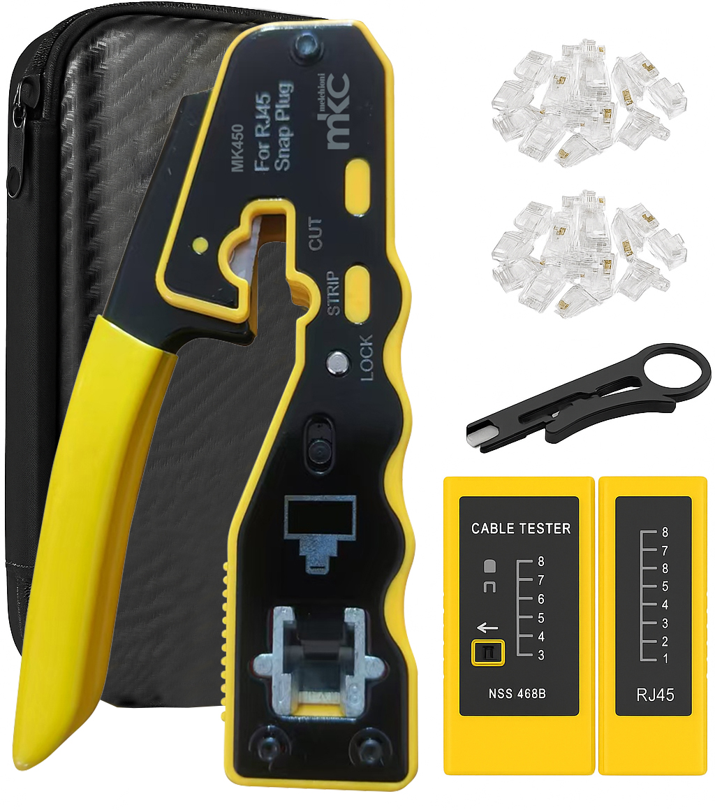 MK450 KitMini - Astuccio con Pinza Crimpatrice RJ45 Passante +  Spellacavi + Cable Tester + connettori passanti UTP Cat5e e Cat6