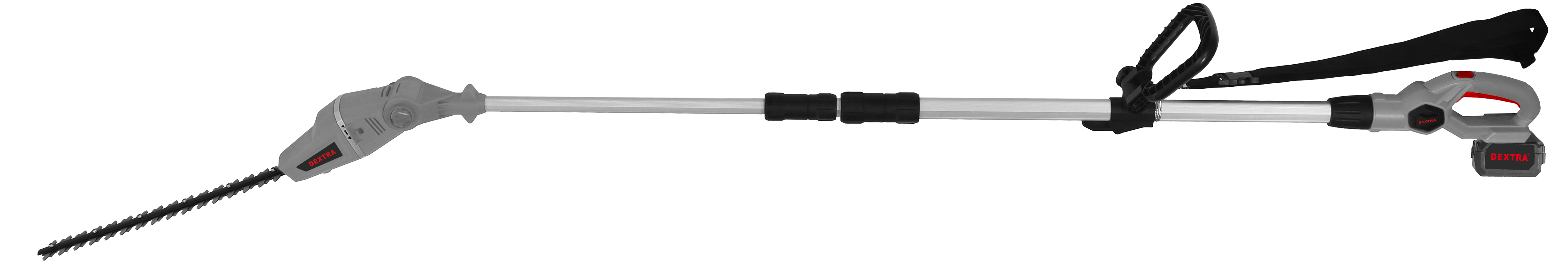20V 380 mm telescopic hedge trimmer with 2.0–2.9 m extendable shaft and 7-position head by DEXTRA