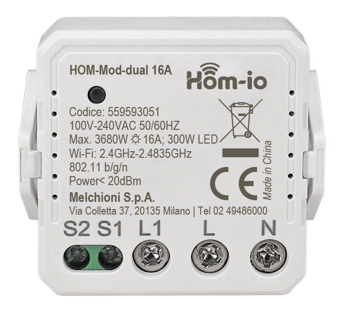 Modulo switch da incasso 16A 1 canale WiFi HOM-MOD-DUAL 16A