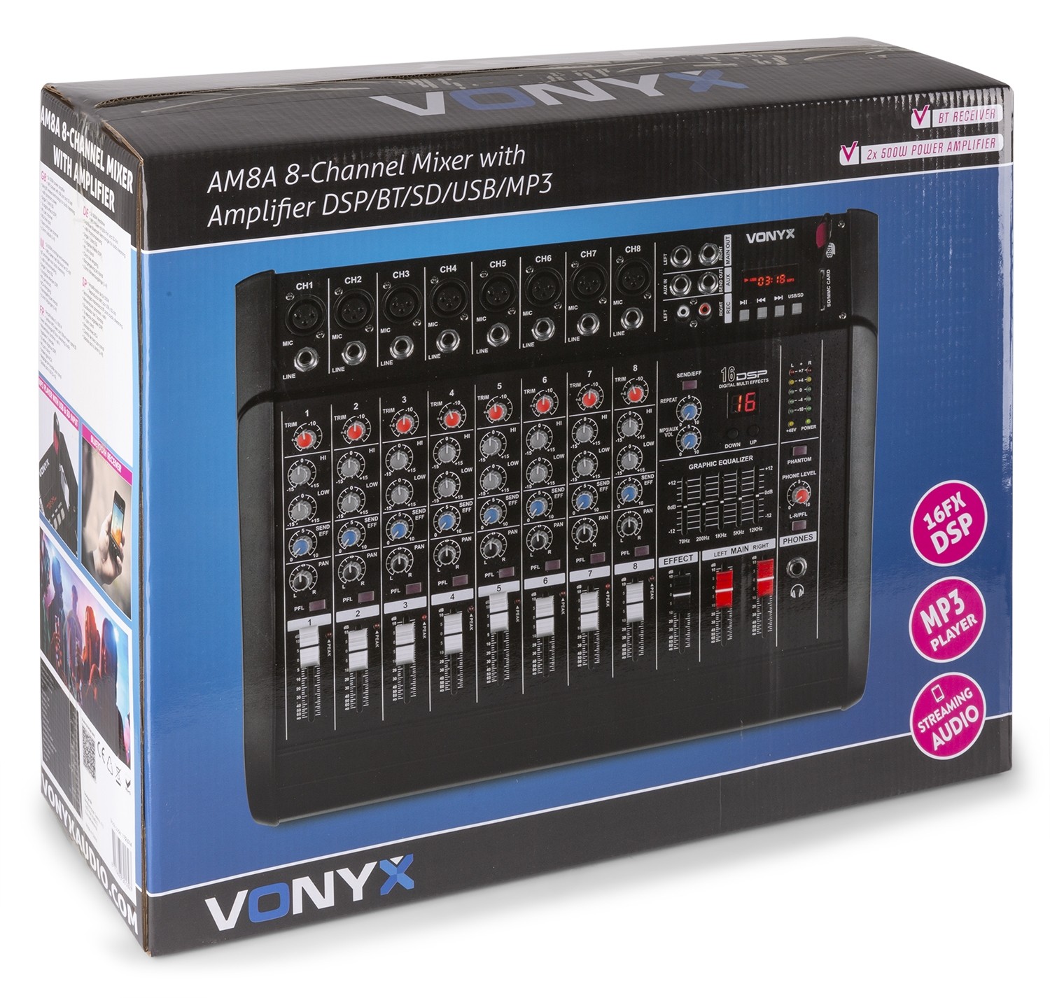 Mixer Audio a 8 canali con amplificatore e DSP / BT / SD / USB / MP3