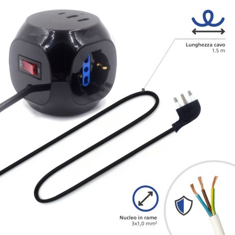 EW3859 - Multipresa a Cubo 3 posizioni con 2 caricatorI Usb e 1 caricatore Usb-C, con spina italiana 16A