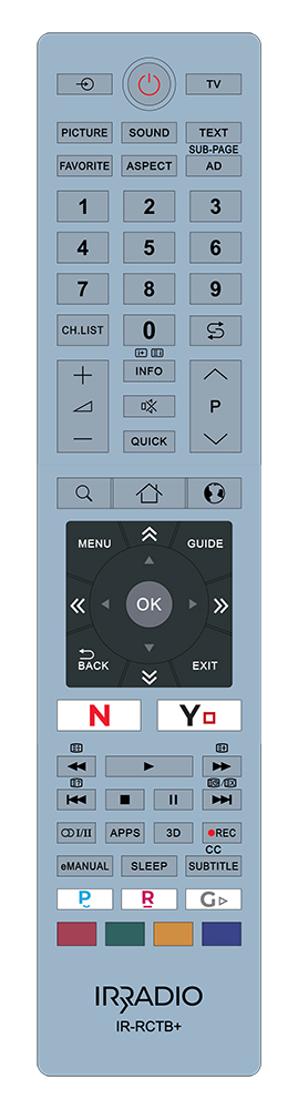 Telecomando dedicato compatibile con tutte le TV e SMART TV LCD/LED TOSHIBA, Mod. IR-RCTB+
