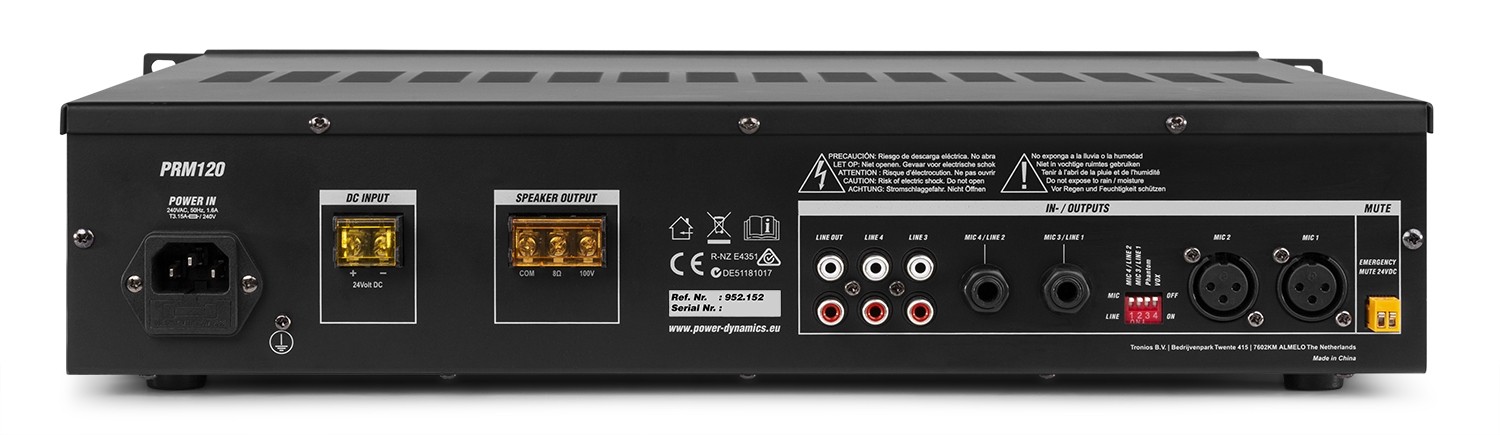Amplificatore 120W  mono zona da 100V 8Ohm con BT, SD, USB mod. PRM120