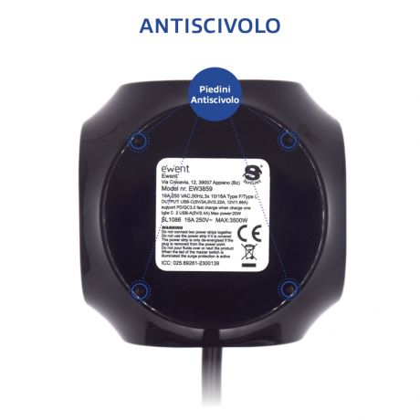 EW3859 - Multipresa a Cubo 3 posizioni con 2 caricatorI Usb e 1 caricatore Usb-C, con spina italiana 16A
