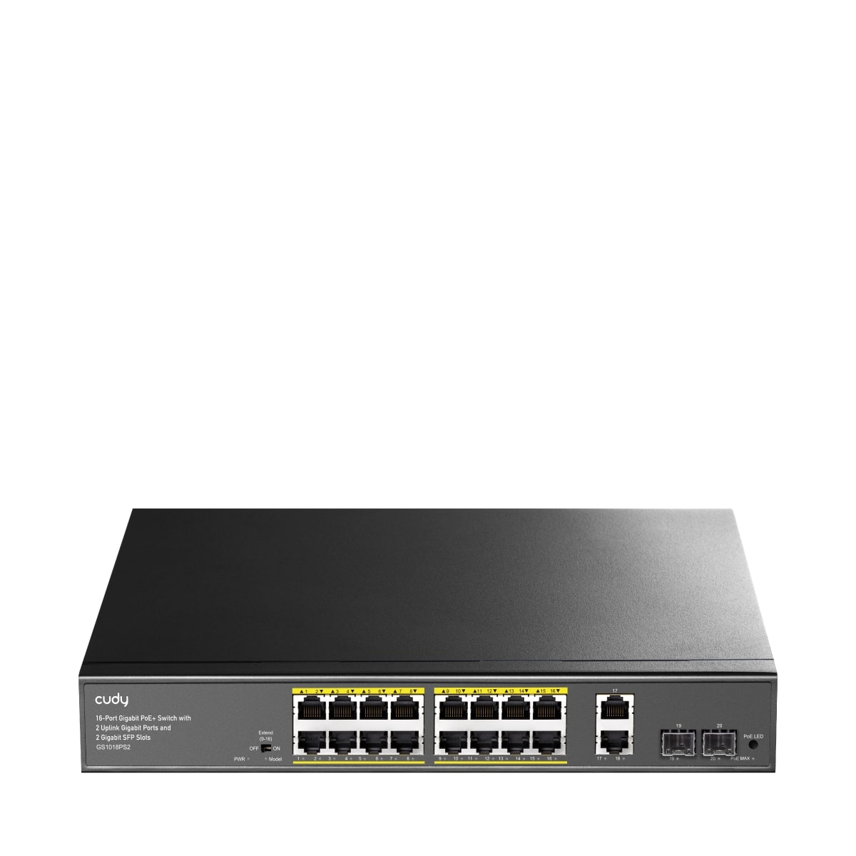 GS1018PS2 - 16-Port Gigabit PoE+ Switch with 2 Uplink Gigabit Ports and 2 Gigabit SFP Slots 200W