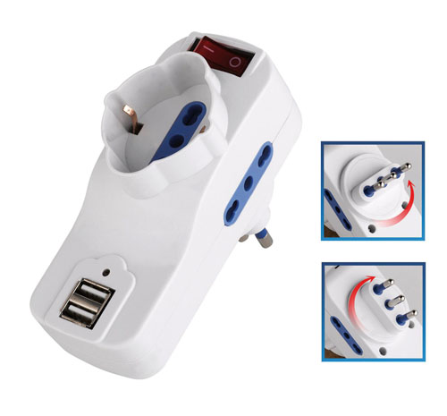 MKC 492518058 Mains rotating Adapter white plug  16a-n°1 socket schuko+n°2 sockets dual pitch 10/16a+n°2usb with Switch - conf. blister