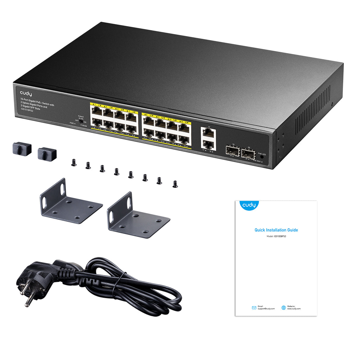 GS1018PS2 - 16-Port Gigabit PoE+ Switch with 2 Uplink Gigabit Ports and 2 Gigabit SFP Slots 200W