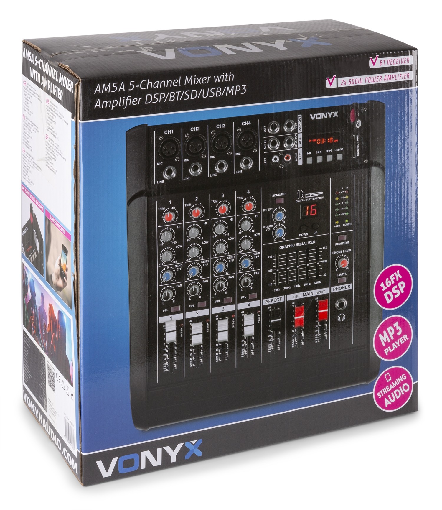 Mixer Audio a 5 canali con amplificatore e DSP / BT / SD / USB / MP3