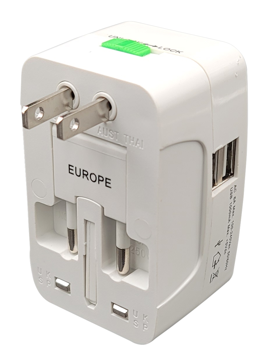Adattatore da viaggio europa-regno unito-usa con 2 USB, Mod. MK-931L