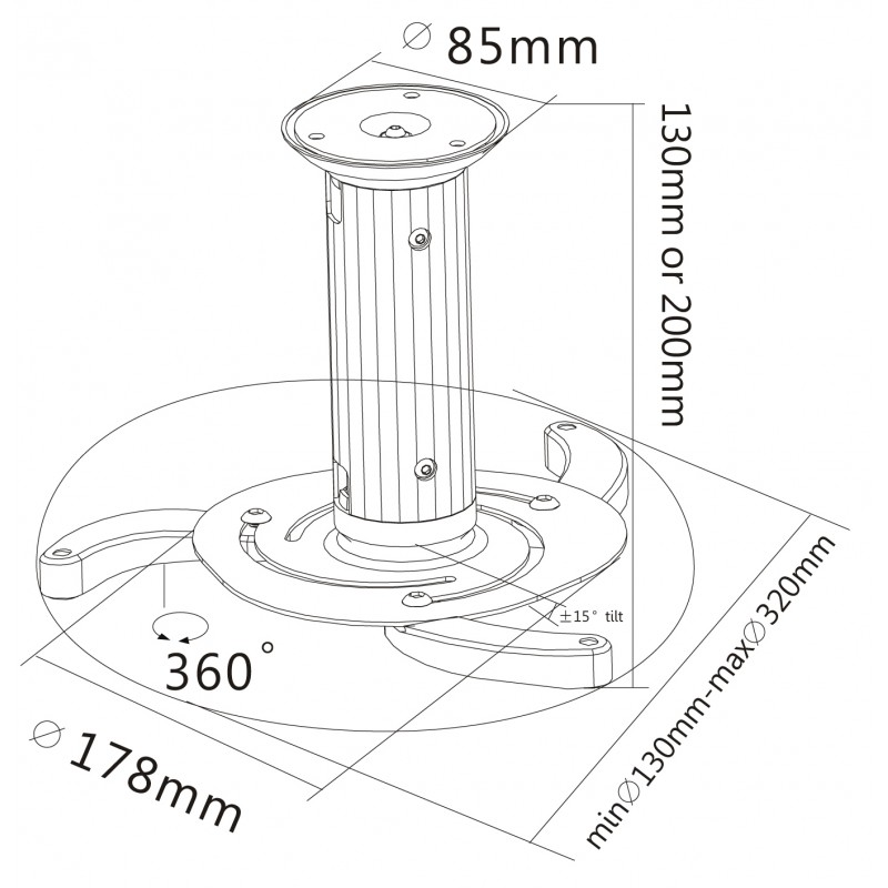 Supporto da soffitto in alluminio altezza 130-200mm, colore silver, Mod. Medusa II