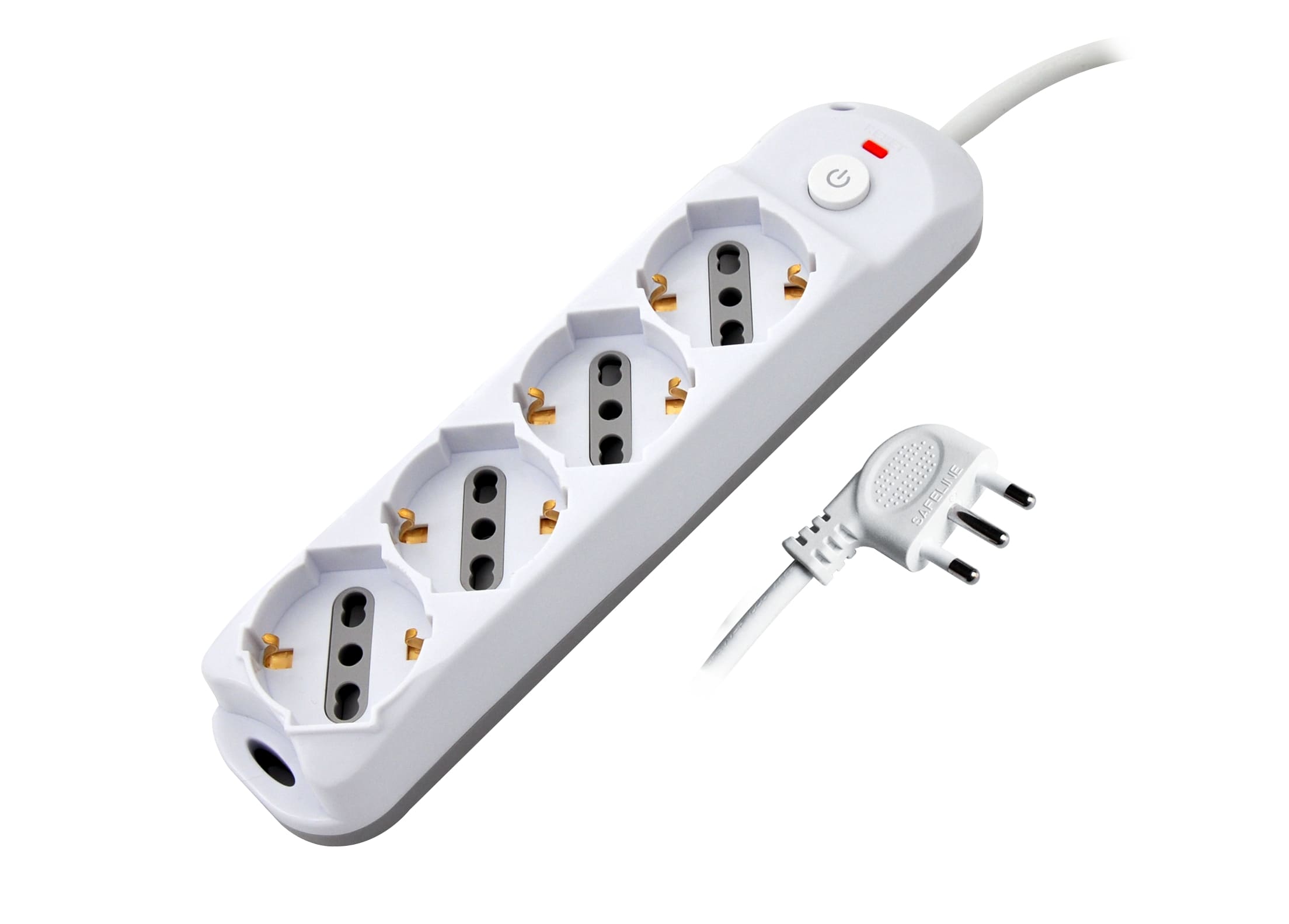 MK3524-3m - Multipresa bianca con pulsante, 4 posizioni schuko bipasso 10/16A, spina 16A 2P+T cavo 3mt