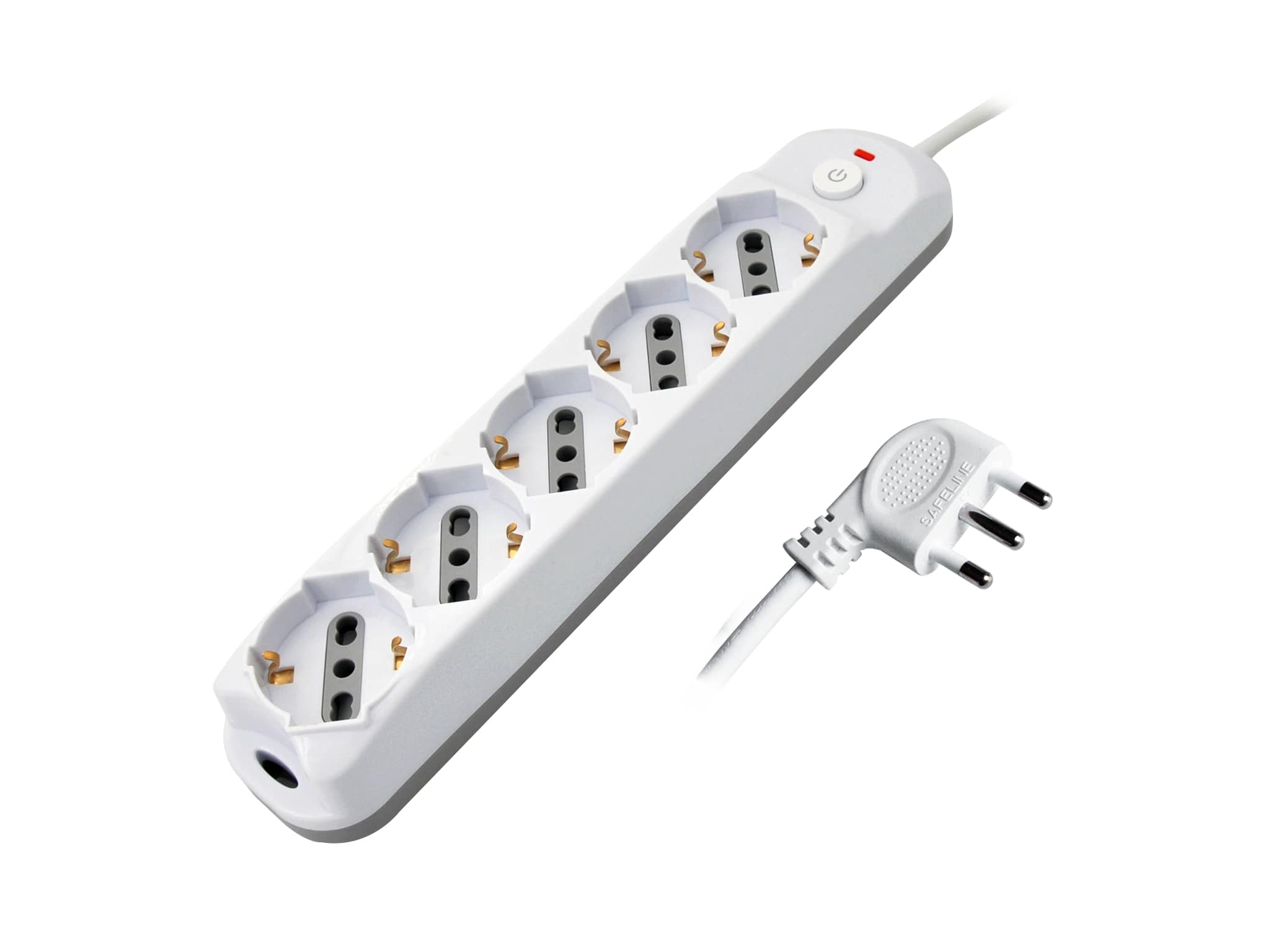 MK3525 - Multipresa bianca con pulsante, 5 posizioni schuko bipasso 10/16A, spina 90° 16A 2P+T cavo 1,5mt