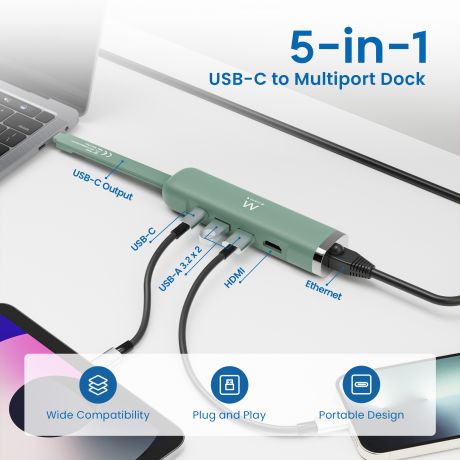 Hub USB-C USB 3.2 Gen 1 su dock multiporta 5 in 1, HDMI 4K, PD 100 W, USB-C, 2xUSB-A, Gigabit LAN EW1148
