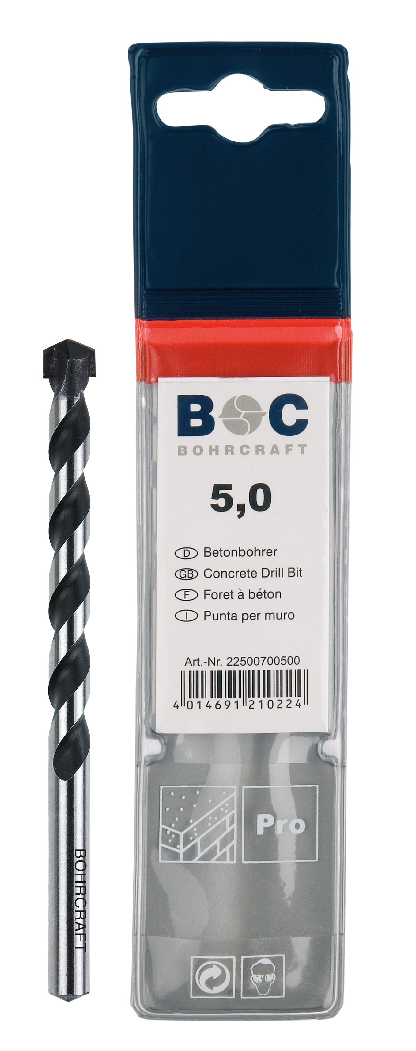 BOHRCRAFT 22500700400 Punta da muro con inserto in MD finitura nera lucida DIN 8039 angolo 130° ø 4,0 mm L=75 mm conf.1 pz