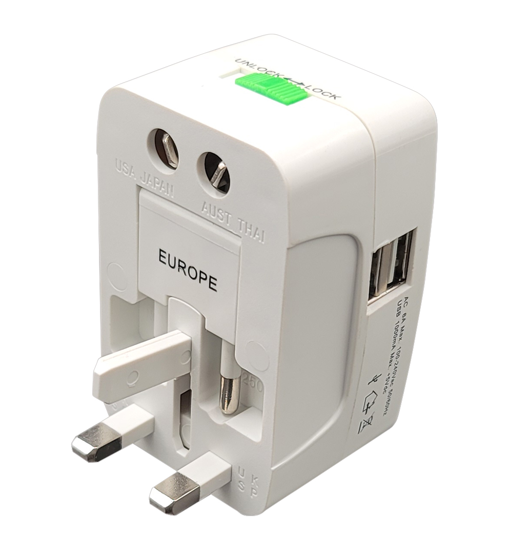 Adattatore da viaggio europa-regno unito-usa con 2 USB, Mod. MK-931L