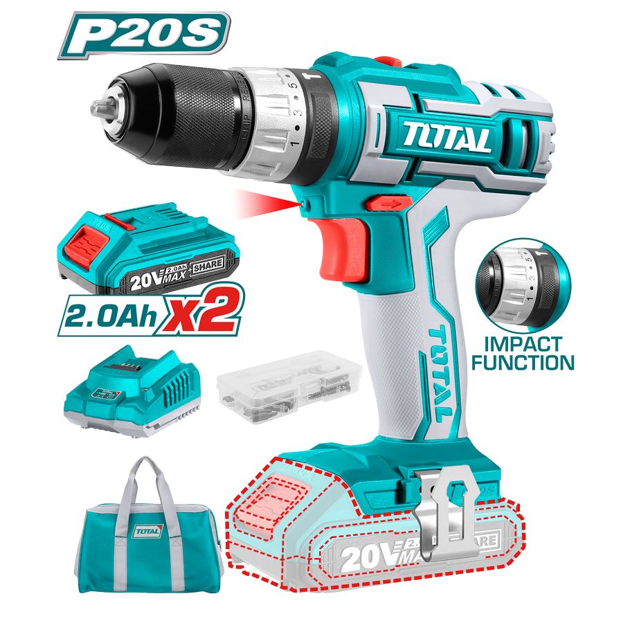 Percussion Drill, 2 Batteries, 50 Accessories, One Battery Bag TIDLI2002E