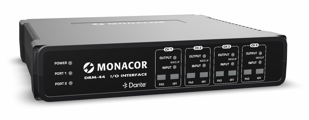 DRM-44 - Dante Matrix 4 x 4: 4 balanced analogue inputs and 4 balanced analogue outputs via network