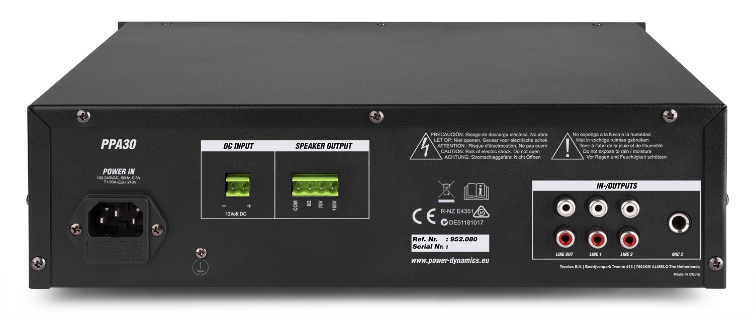 Amplificatore PA 30W 70-100V 8Ω 12V con USB/SD/BT PPA30