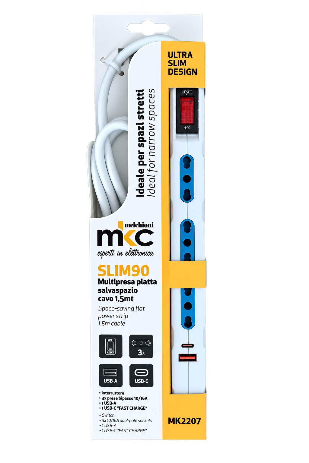 MK2207 - Multipresa piatta salvaspazio SLIM90 con interruttore, 3 prese bipasso 10/16A + 1 USB-A e 1 USB-C ricarica rapida integrata, spina 10A 2P+T, cavo 1,5mt
