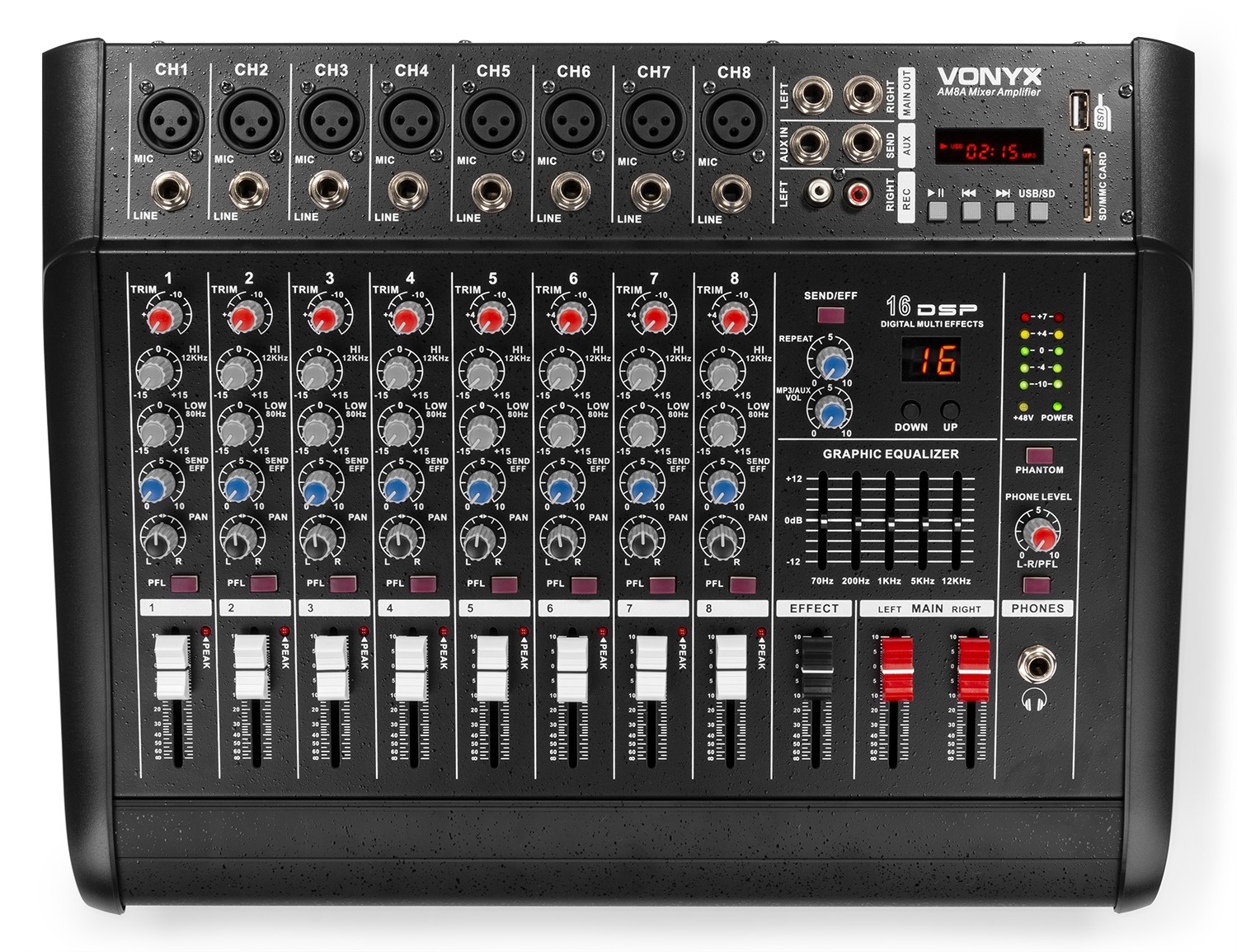 Mixer Audio a 8 canali con amplificatore e DSP / BT / SD / USB / MP3