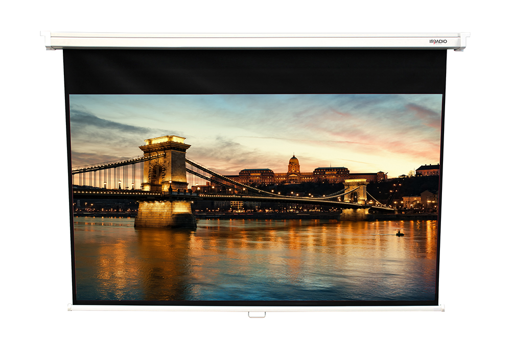 Schermo Manuale 200x152cm con tela bianca, retro nero e bordo nero, formato 16:9, Mod. IR-S3202RN