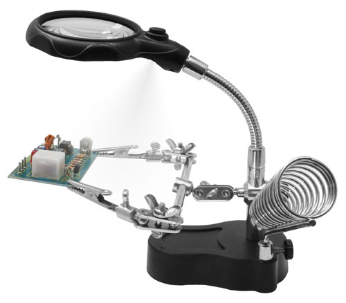 Articulated welding support with LED light, lens, and HH3 Donau soldering iron holder