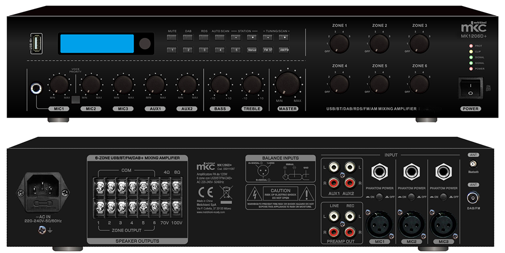 Amplificatore PA da 120W a 6 zone con USB/BT/FM-DAB+, mod. MK1206D+