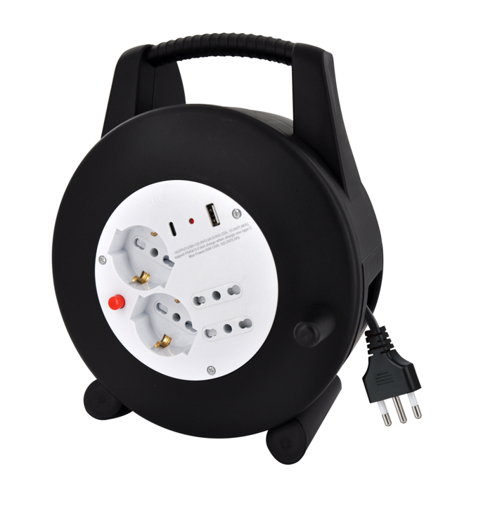 15m cable reel with two 10/16A dual-pin sockets + two 10/16A dual-pin Schuko sockets + one USB-A and one USB-C, with a 16A 2P+E Italian plug