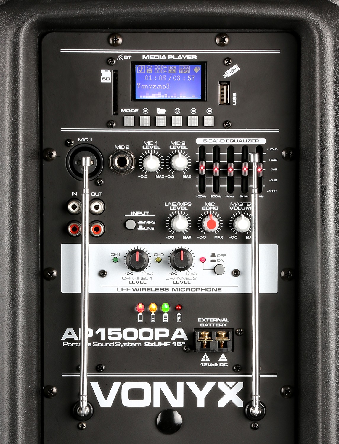 VONYX 550923426 Professional 15 "800w speaker with bt-usb-sd with 2 vhf radio microphone