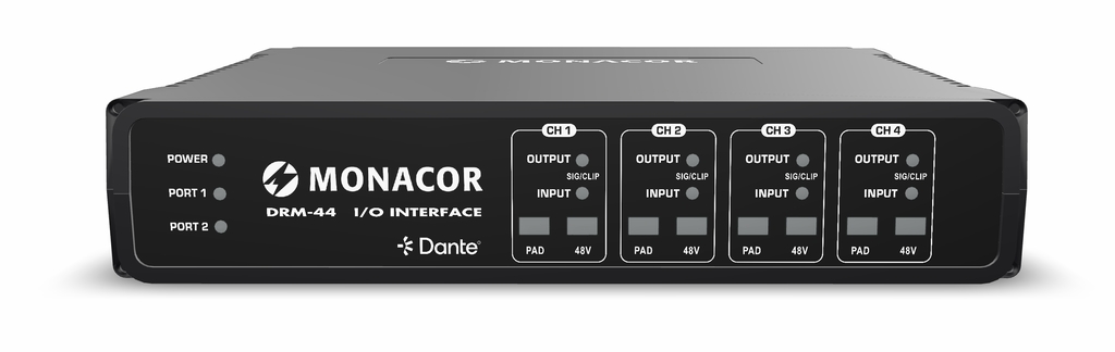 DRM-44 - Dante Matrix 4 x 4: 4 balanced analogue inputs and 4 balanced analogue outputs via network