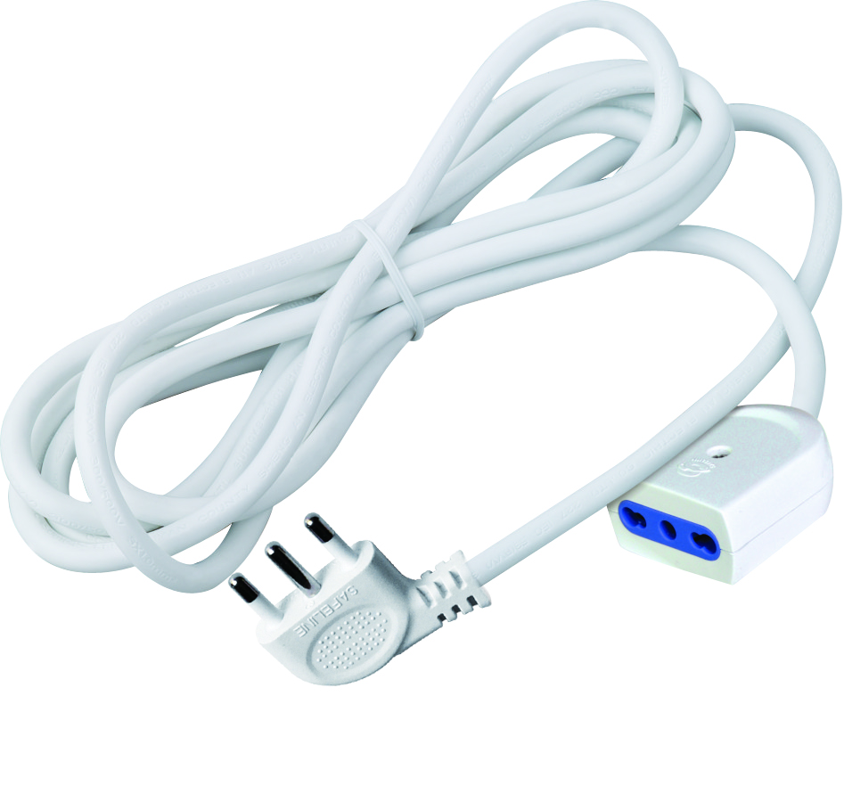 MK1121-10m - Prolunga elettrica bianca spina salvaspazio 90° 16A presa bipasso 10/16A 10mt