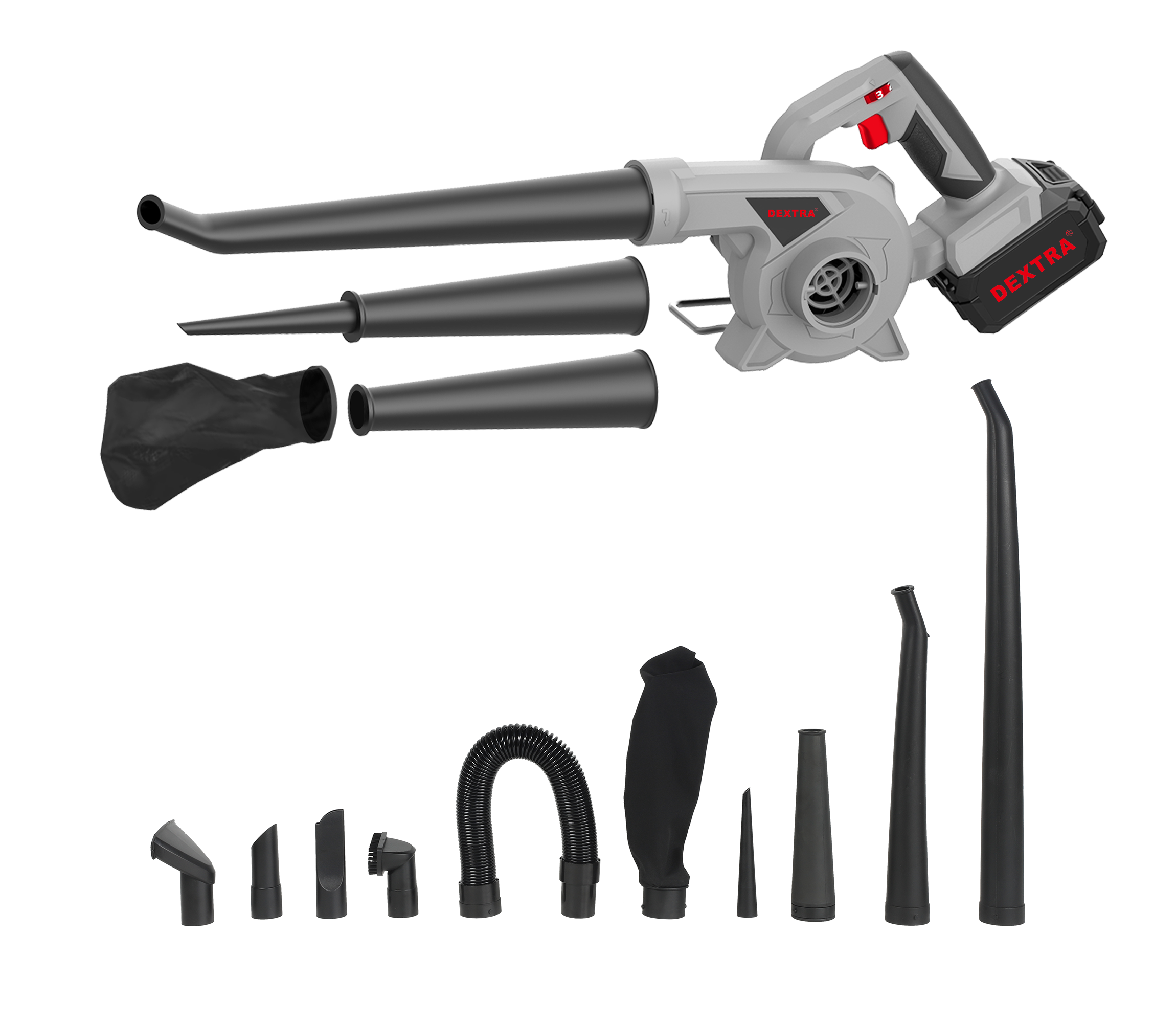 Soffiatore e aspiratore 2 in 1 20V 43 / 62 / 75 m/s con portata d’aria 0,8 / 1,2 / 1,5 m³/min DEXTRA