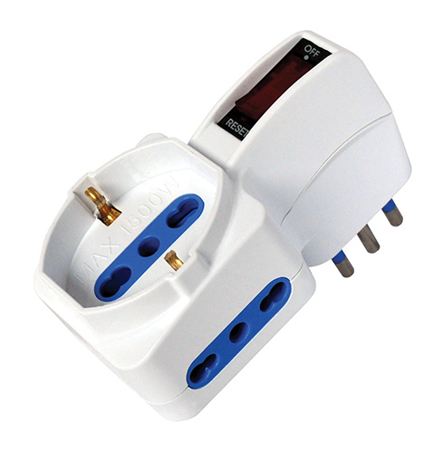 Adaptor plug 10A 2 bipasso sockets + 1 Schuko/bipasso socket, MKC protection