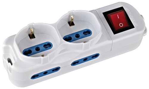 Multipresa 6 posti con 4 prese bipasso, 2 prese Schuko/bipasso, cavo da 1,5mt e interruttore, Mod. 203073