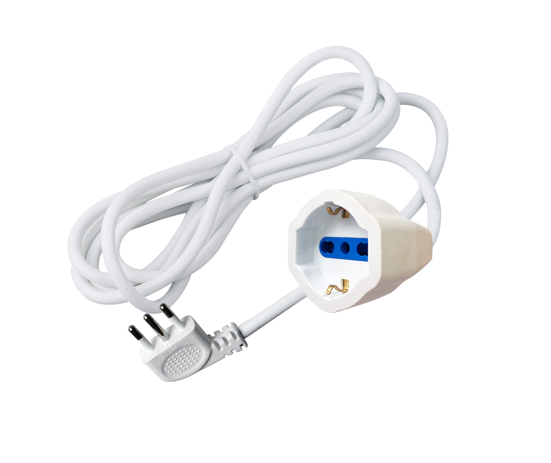 MK1124-3m16A - Prolunga elettrica bianca spina salvaspazio 90° 16A 2P+T presa schuko bipasso 10/16A 3mt