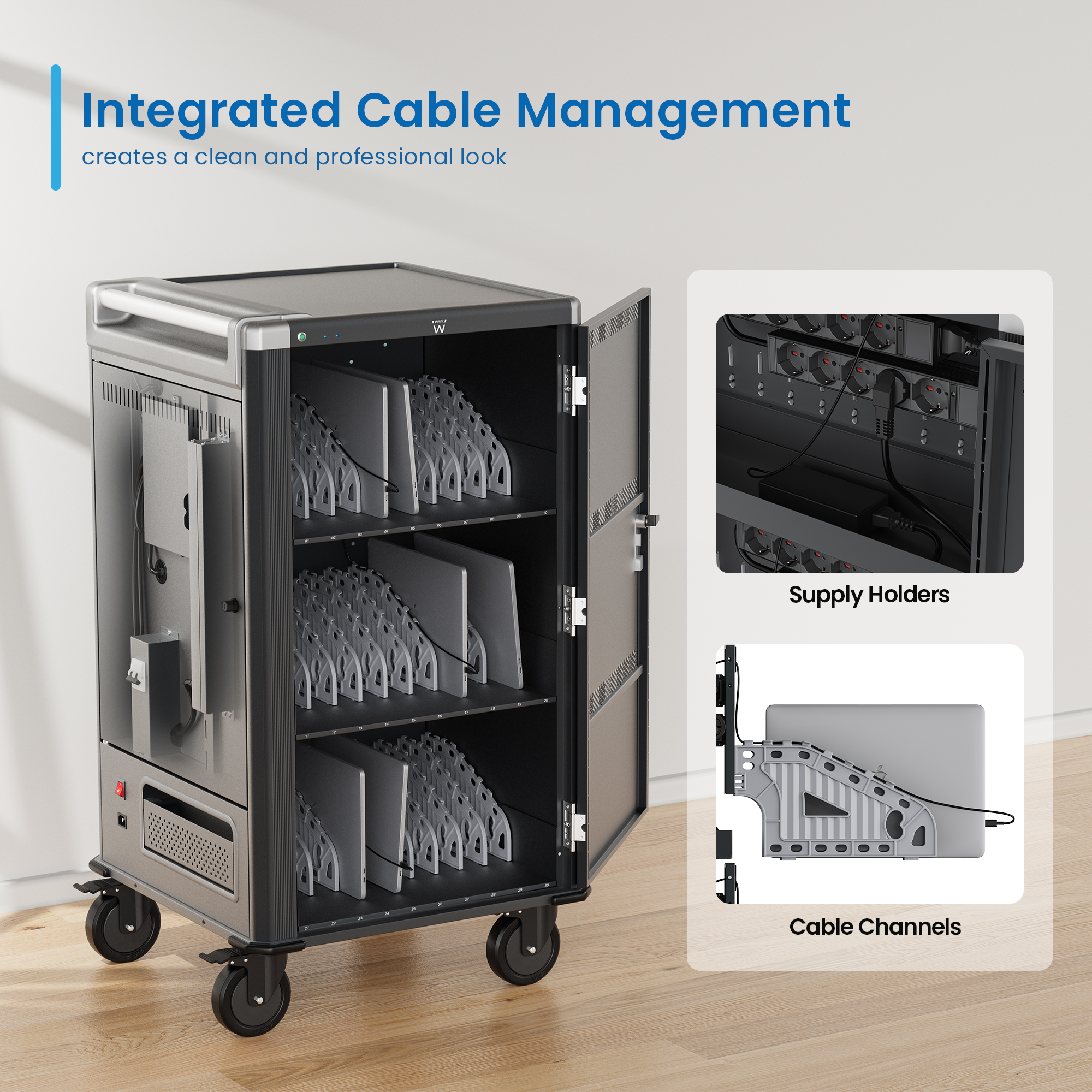 EW1700 - Carrello di ricarica per laptop/tablet con 30 alloggiamenti e sistema di ricarica intelligente, per laptop fino a 17", AC