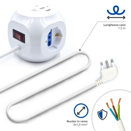 Cube Power Strip, 3 Italian sockets 16A version, 1x USB-C PD, 2x USB-A max 20W, ON/OFF switch, 1.5m cable EW3860