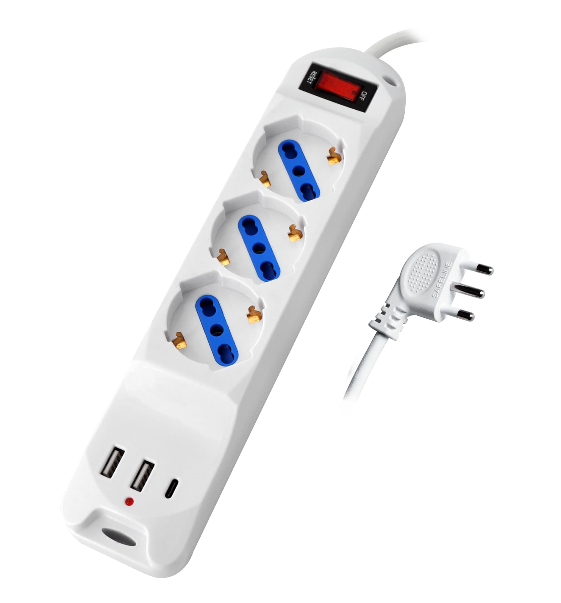 MK3509 - Multipresa bianca con interruttore, 3 posizioni schuko bipasso 10/16A + 2 USB-A e 1 USB-C, spina 16A 2P+T, cavo 1,5mt
