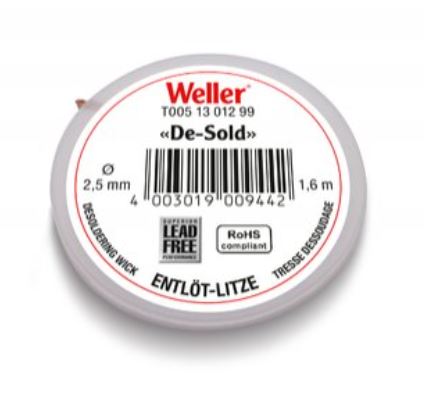 Desoldering braid 1.6 m reel, width 2.5 mm T0051301299 Weller