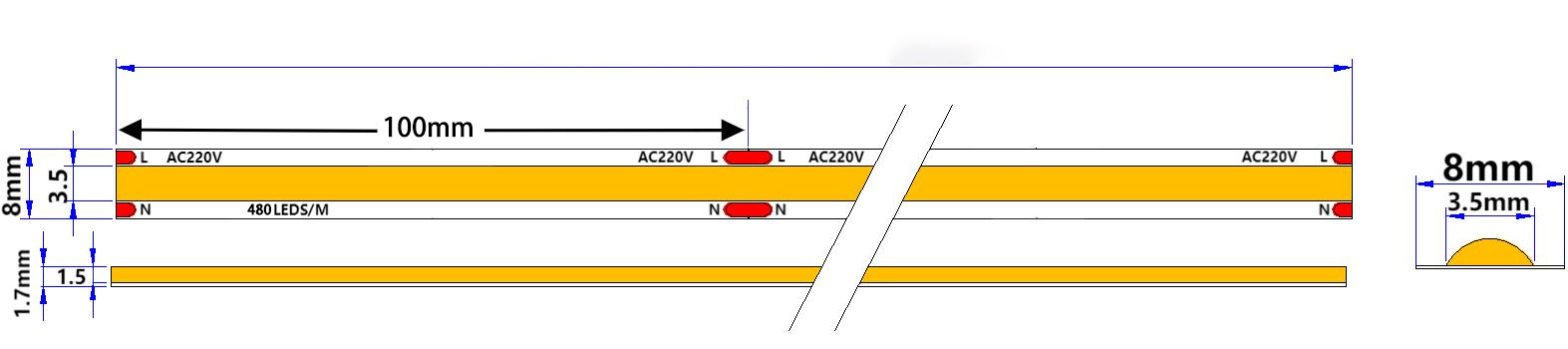 Striscia LED COB 220V HSL-COB480-HV3K-IP20