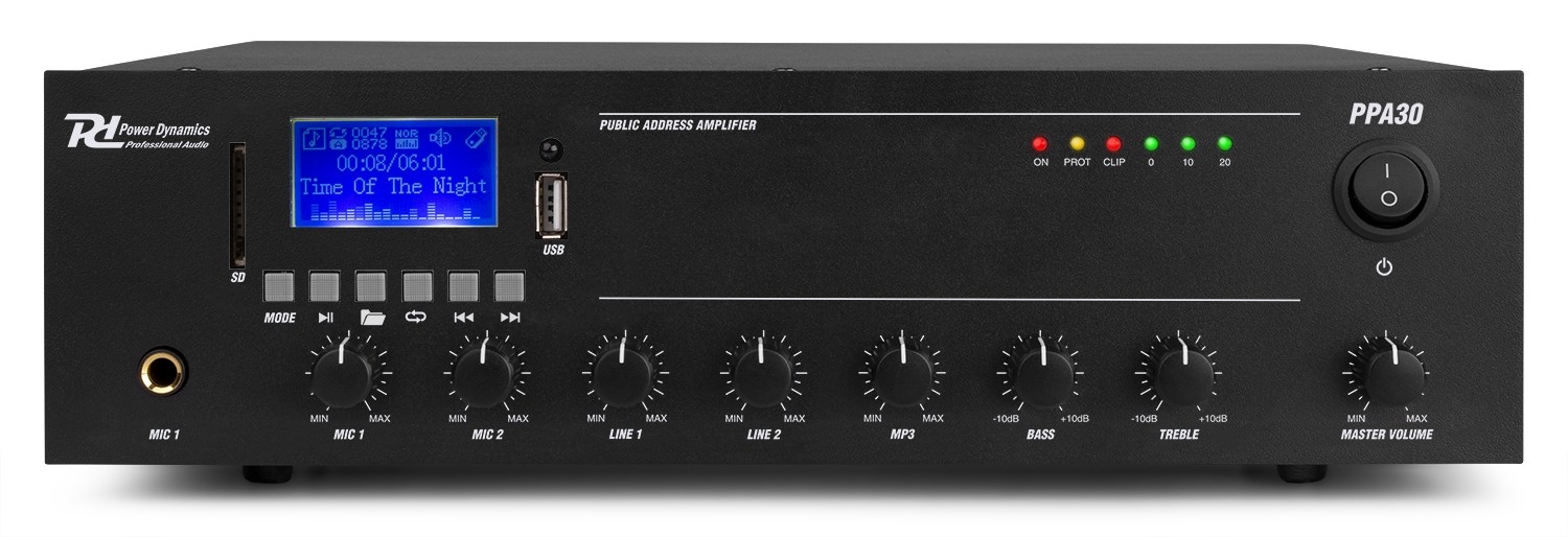 Amplificatore PA 30W 70-100V 8Ω 12V con USB/SD/BT PPA30