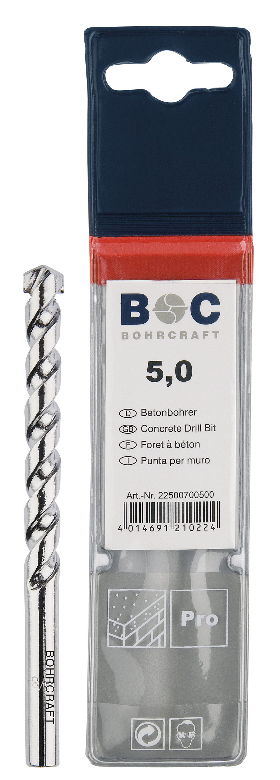 BOHRCRAFT 21500701000 Punta da muro nichelata con inserto in MD, angolo 130°, ø 10,0 mm L=200 mm conf. 1 pz