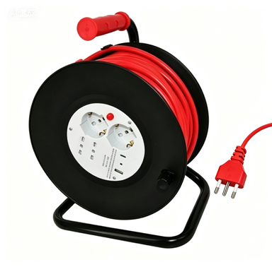25m cable reel with two 10/16A dual-pin sockets + two 10/16A dual-pin Schuko sockets + one USB-A and one USB-C, with a Schuko plug and a 16A 2P+E adapter