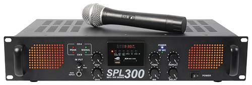Amplificatore 2 canali da 300W (2x150W) con bluetooth  e 1 Radiomicrofono VHF SPL300VHF