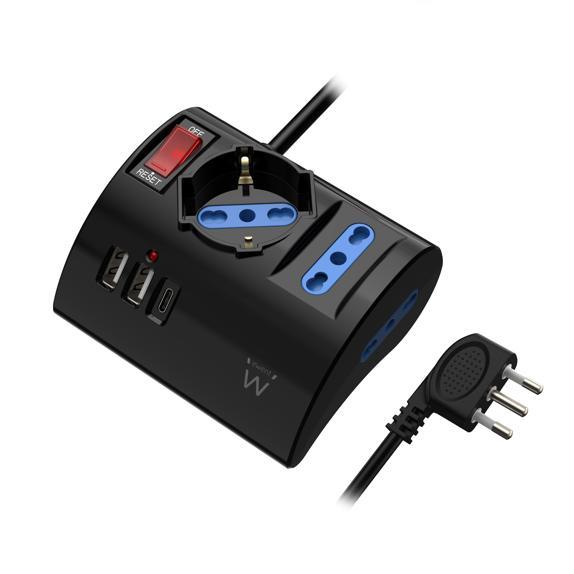 EW3869 - Multipresa da tavolo a 3 vie con 2 caricabatterie USB e 1 caricabatterie USB-C, con spina italiana da 10 A, nera